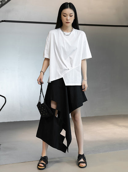 Stylish White Round-Neck Asymmetric Split-Joint T-Shirt