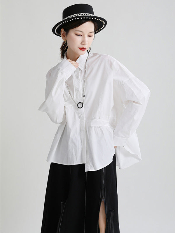 Original Irregular Solid Color Split-Joint Pleated Buttoned Lapel Collar Long Sleeves Blouse
