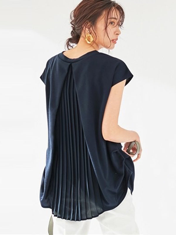 Simple Solid Color Pleated Round-Neck Short Sleeves T-Shirt