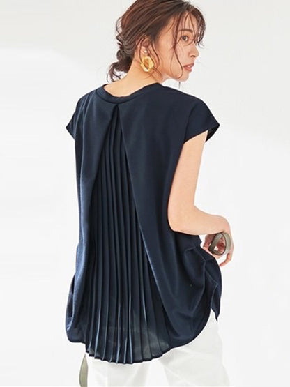 Simple Solid Color Pleated Round-Neck Short Sleeves T-Shirt