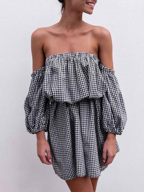 Bohemia Plaid Off Shoulder Long Sleeves Mini Dress