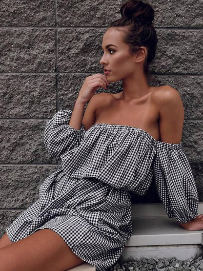 Bohemia Plaid Off Shoulder Long Sleeves Mini Dress