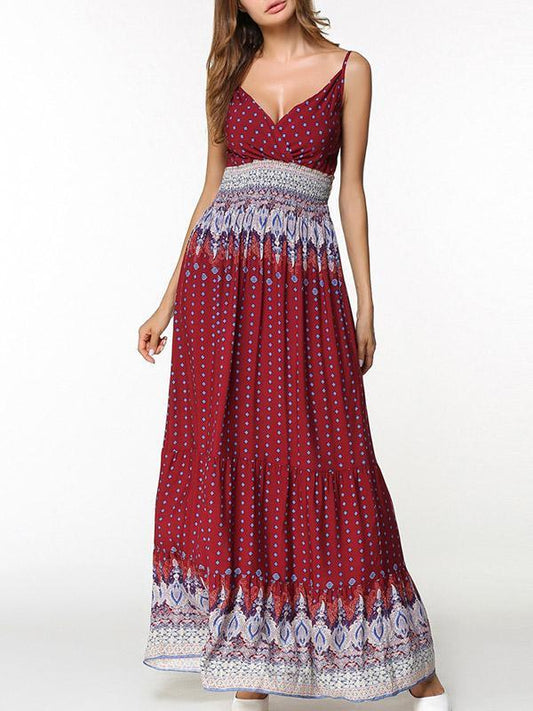 Bohemia Printed Spaghetti-neck Maxi Dresses