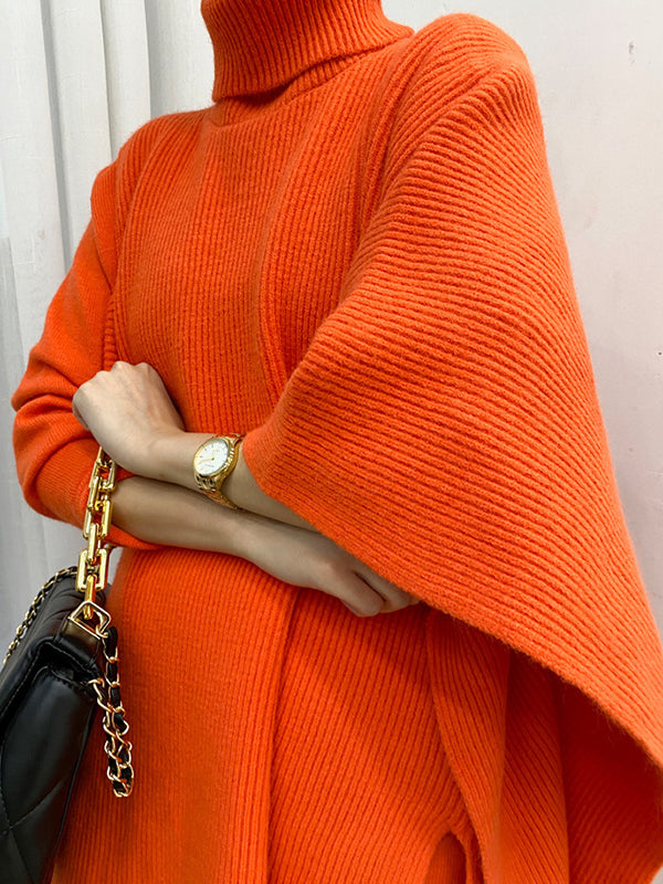 Solid Round-Neck Sweater Dresses And Irregularity Batwing Sleeves High-Neck Cape Set