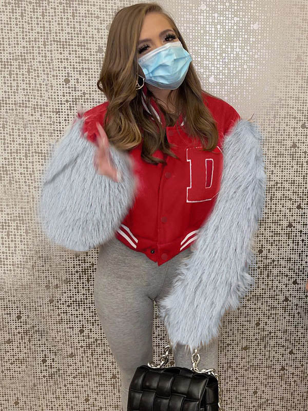 Faux Fur Sleeves Baseball Uniform