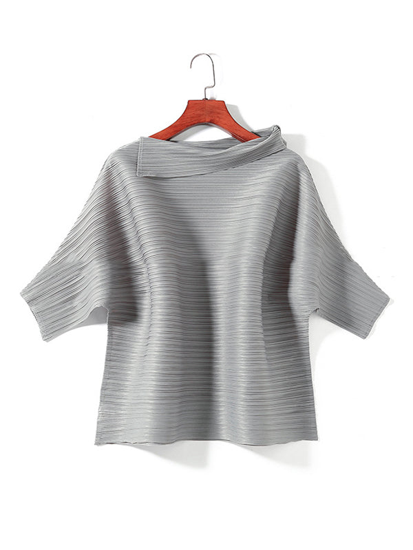 Original Pleated Solid Color Lapel Collar T-Shirt Top