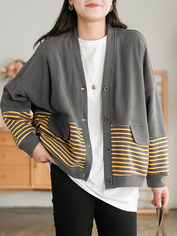 Casual Striped Buttoned V-Neck Batwing Sleeve Outerwear