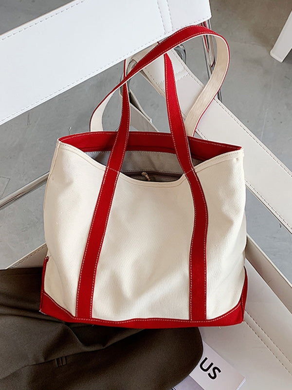 Simple Split-Joint Canvas Shoulder Bag Tote Bag