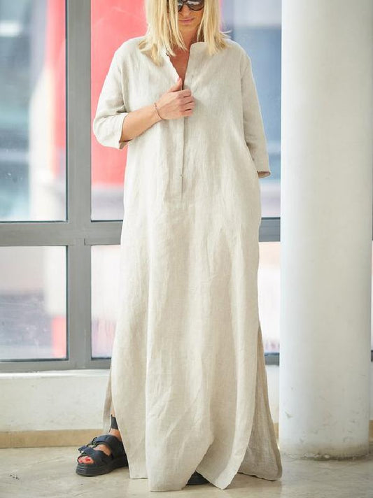 Beige 3/4 Sleeves Split-side With-pockets Linen Dress