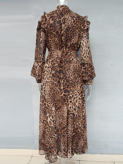 V-neck Chiffon Irregular Leopard Printed Maxi Dress