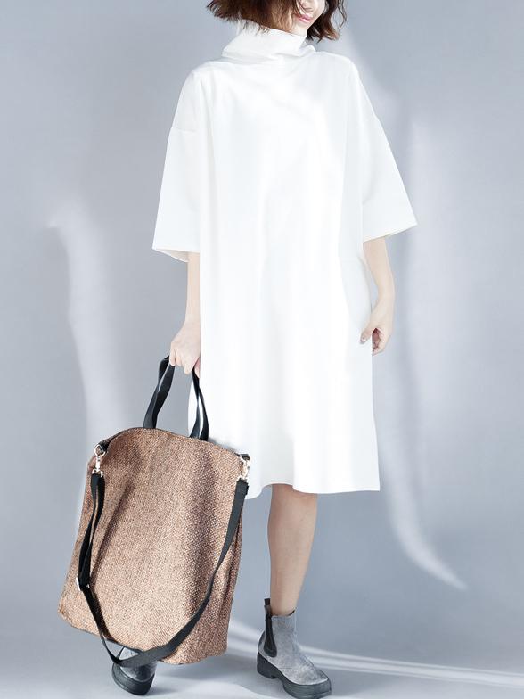 Solid Loose High-neck Half Sleeves Dress