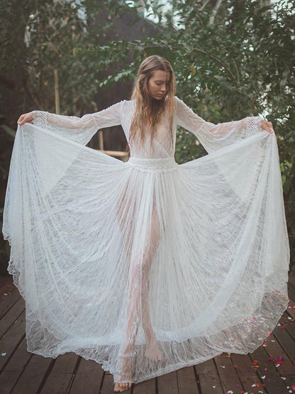 See-through Flared Sleeves V-back Maxi Dress