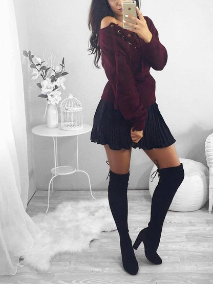 Raised Bands One-shoulder Knitting Sweater Tops