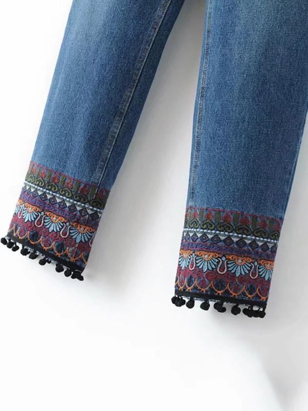 Embroidered Jean Pants Bottoms