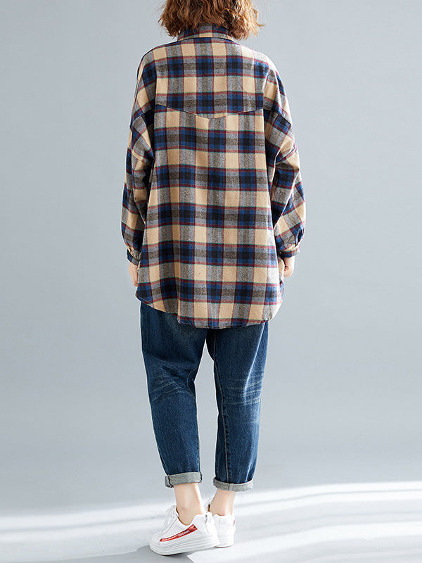 Artistic Retro Plaid Buttoned Lapel Collar Long Sleeves Blouse