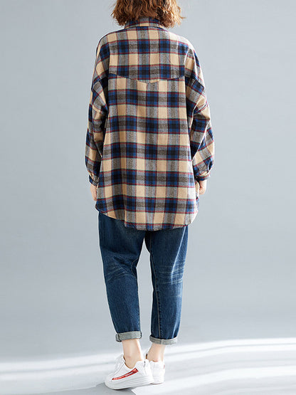 Artistic Retro Plaid Buttoned Lapel Collar Long Sleeves Blouse
