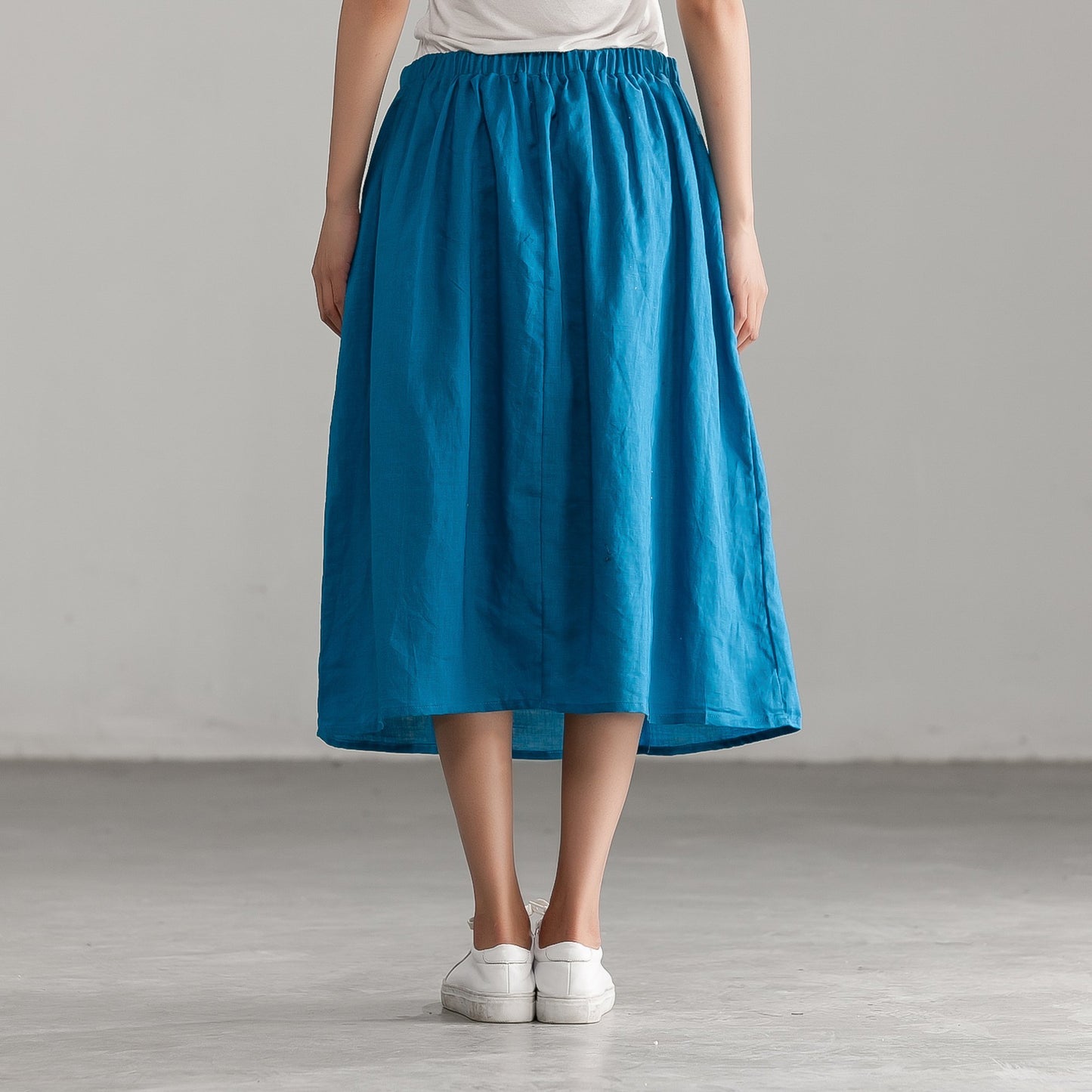 Embroidery Blue Casual Cotton Linen Calf Length Skirt
