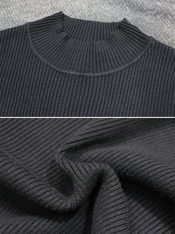 Artistic Retro Solid Color Split-Joint High-Neck Long Sleeves Knitted Sweater Dress
