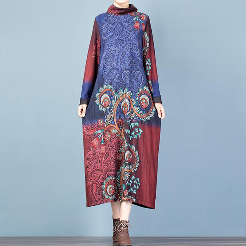 Buykud Printed Flocking Fashion Turtleneck Elegant Dress