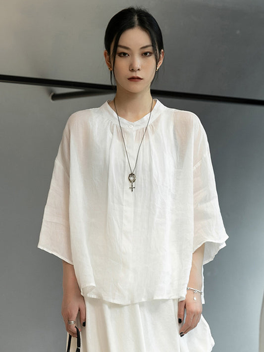 Linen Black&White Round-Neck Flared Sleeves T-Shirt