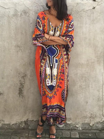 Elegant V-neckline Short Sleeves Maxi Print Bohemia Dress