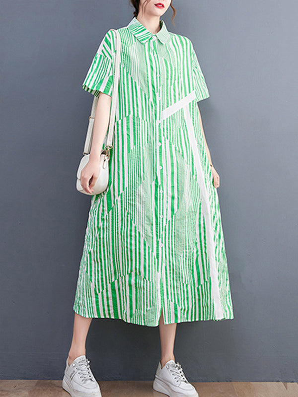 Artistic Retro Loose Striped Contrast Color Midi Shirt Dress