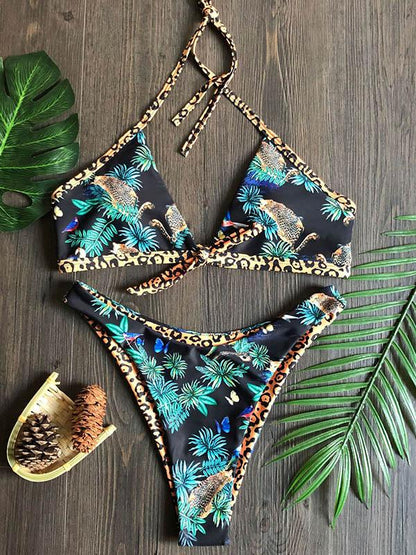 Sexy V-Neck Bandage Printing Bikini Split Type Swimsuit