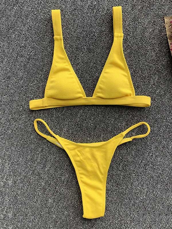 Solid Color Triangle Split Bikini Swimsuit