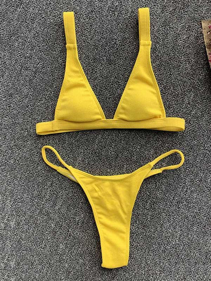 Solid Color Triangle Split Bikini Swimsuit