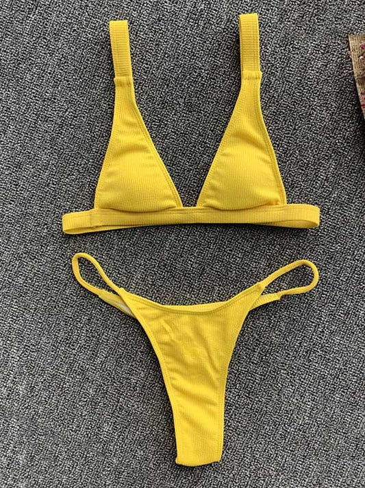 Solid Color Triangle Split Bikini Swimsuit