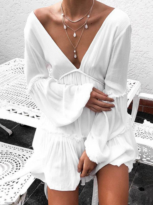 Solid Deep V-neck Light Bohemia Mini Dresses