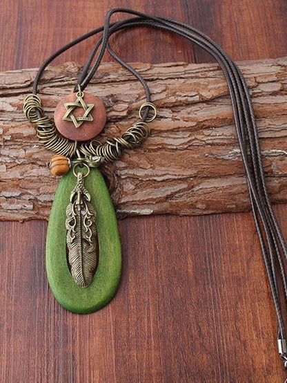Natural Green Stone Metal Feather Star Combo Necklaces