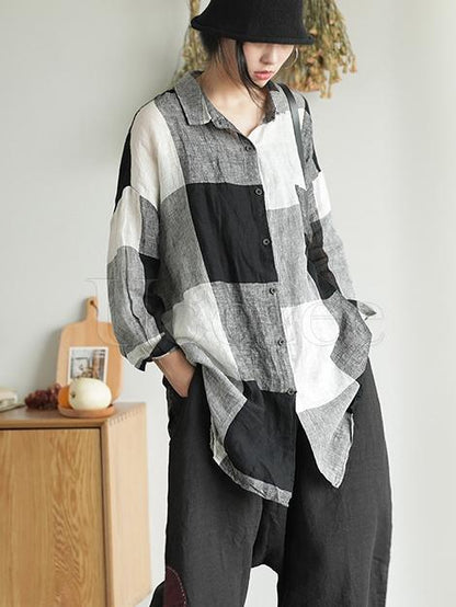 Retro Linen Plaid Long Shirt