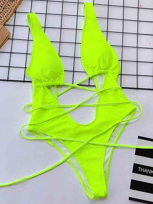 Solid Hollow Straps One-Piece Swimsuit