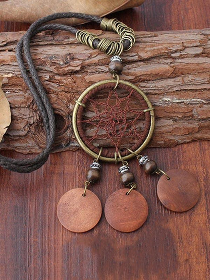 Original Net Ring Necklace Combo with Round Wooden Pendant