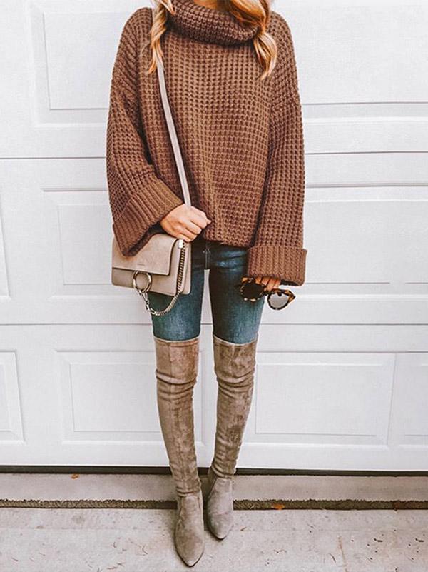 Solid Color Knitting High-neck Sweater Tops