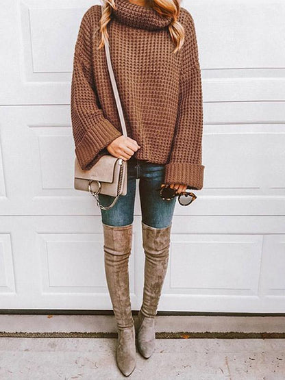 Solid Color Knitting High-neck Sweater Tops