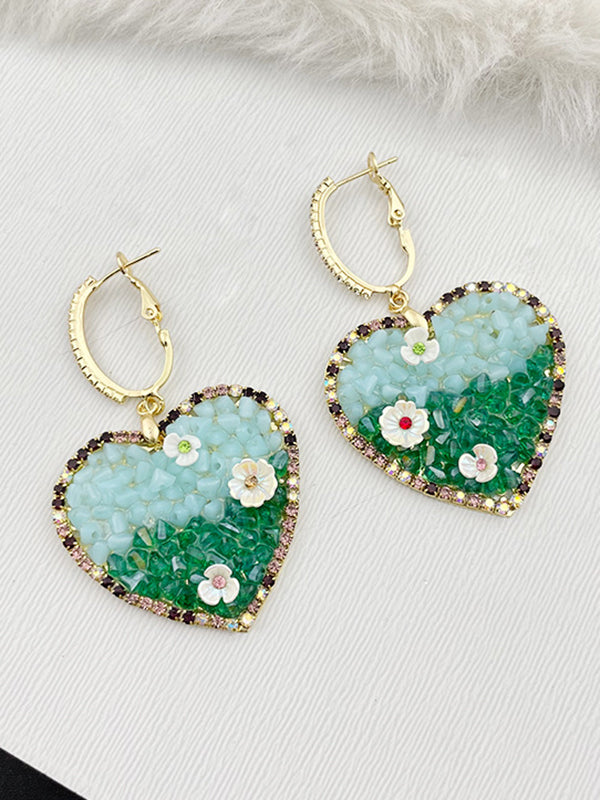 Simple Rhinestone Heart Shape Green Earrings Accessories