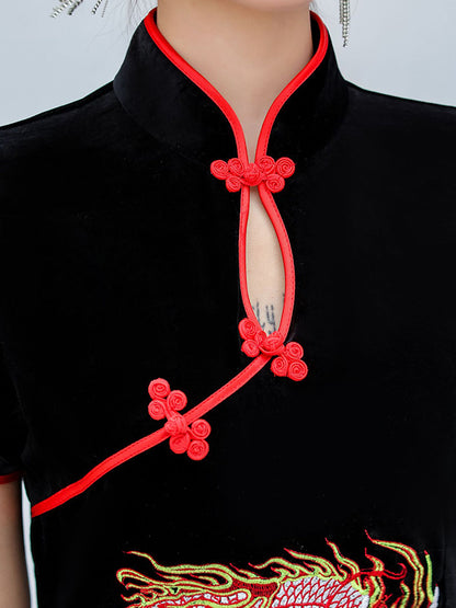 Original Dragon Embroidered Stand Collar Short Sleeves Long Cheongsams
