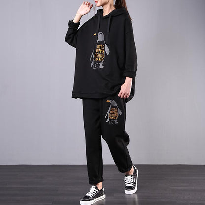 Buykud Penguin Embroidery Casual Two Piece Suit