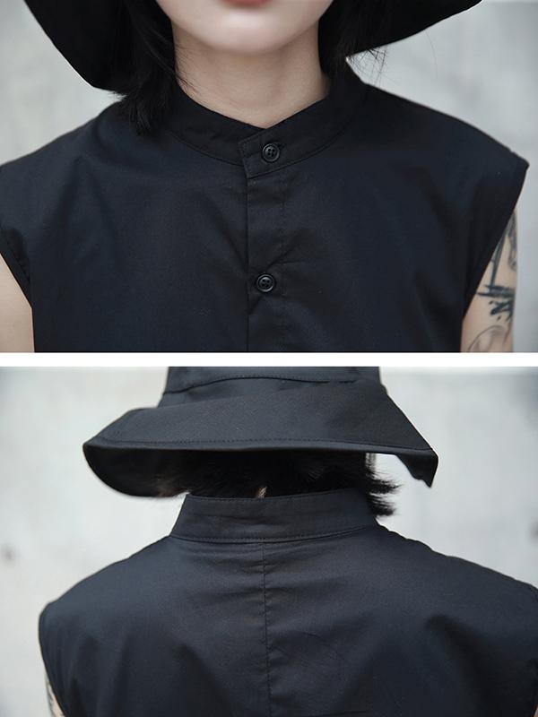 Black Cropped Stand Collar Sleeveless Blouse