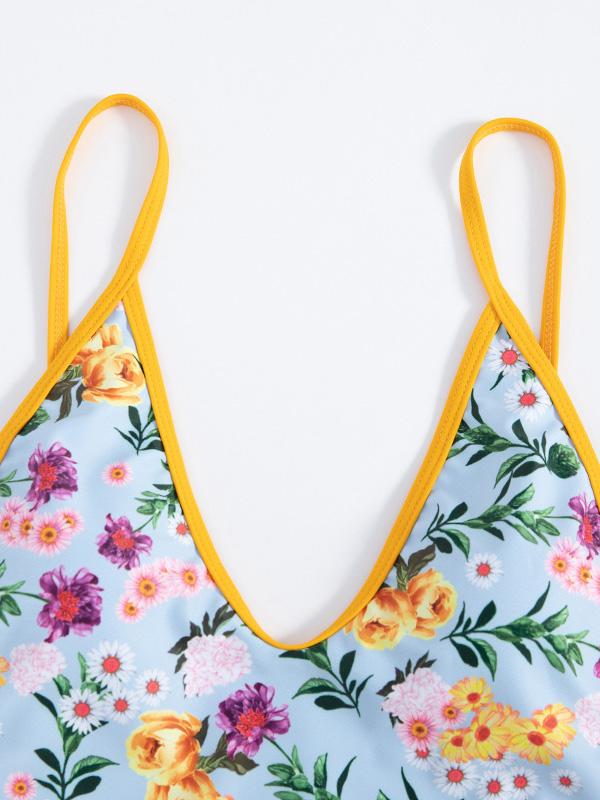 V-Neck Hemming Printing One-Piece Swimwear