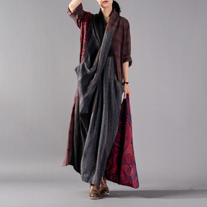 Buykud Stripe Plaid Dot Split Hem Retro Dress