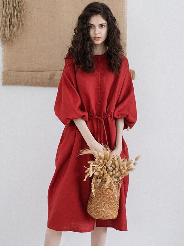 Ramie Cotton Strap Solid Midi Dresses