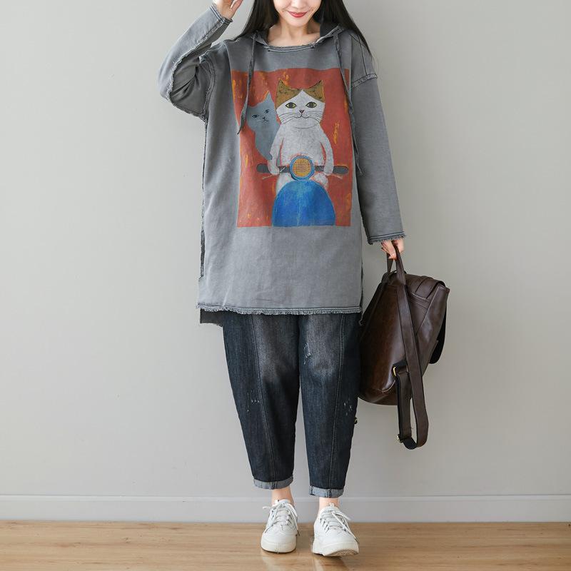 Buykud Cartoon Cats Fringed Hem Loose Hoodie