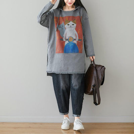 Buykud Cartoon Cats Fringed Hem Loose Hoodie