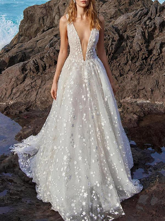 Deep V-neck Sleeveless V-back Bohemia Wedding Dress