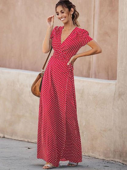 Deep V-neck Polka Dot Maxi Dress
