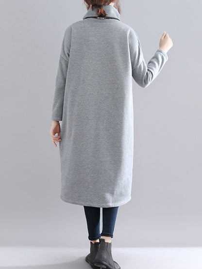 Simple Solid Color With Pocket High-Neck Long Sleeves Sweatshirt Dress