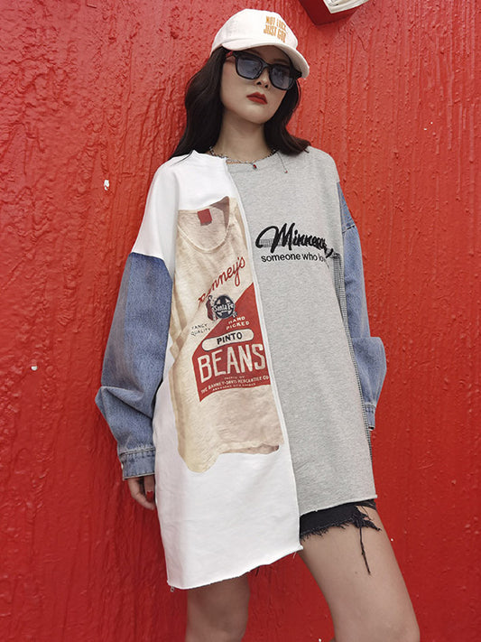 Stylish Contrast Color Letter Printed Round-Neck Batwing Sleeve Sweatshirts
